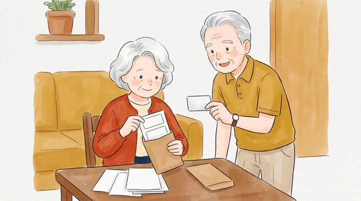 家の居間で、妻がカードの表と裏をうつした紙を封筒に入れ、夫がカードを見せてにこにこしている