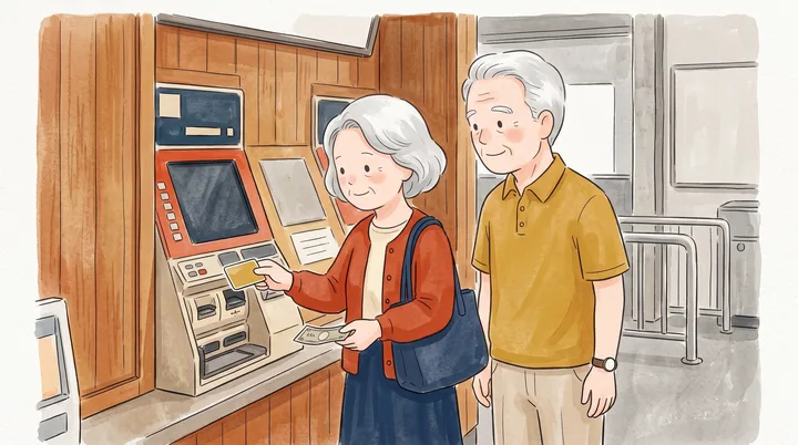 私鉄の駅の券売機で、妻が金色のカードにチャージしようとしていて、夫が財布を持って見守っている