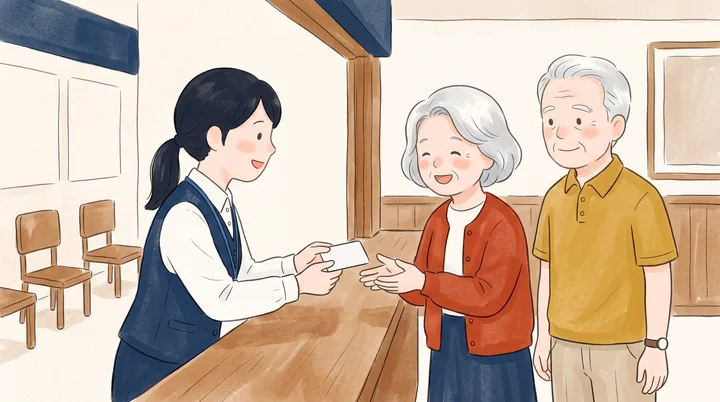 バス営業所の定期券売り場で、窓口の女性がカードを差し出し、妻がうれしそうに受け取ろうとしていて、夫が横で見ている