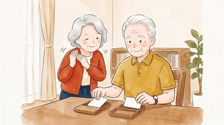 家の居間で、夫が白いカード2枚を別々のカードケースに入れ分け、妻が横からのぞいている