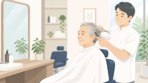 美容院・理容室でシニア割引を利用する高齢者のイラスト