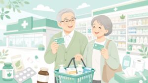 ドラッグストアでシニア割引を使うシニア夫婦のイラスト
