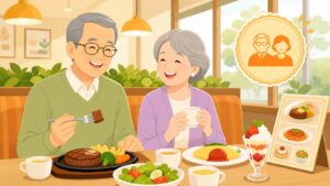 ファミレスでシニア割引を利用する夫婦のイラスト