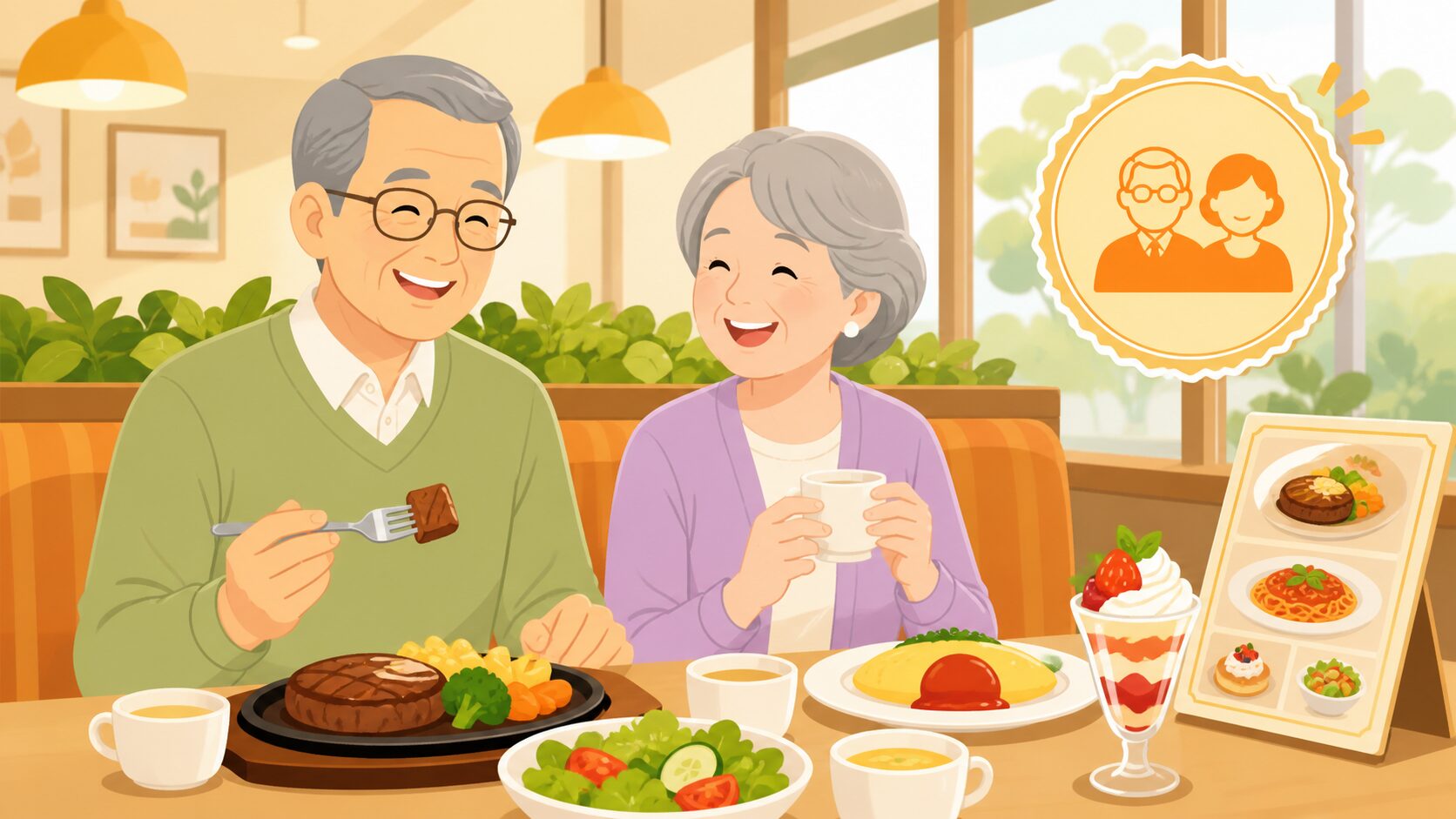 ファミレスでシニア割引を利用する夫婦のイラスト