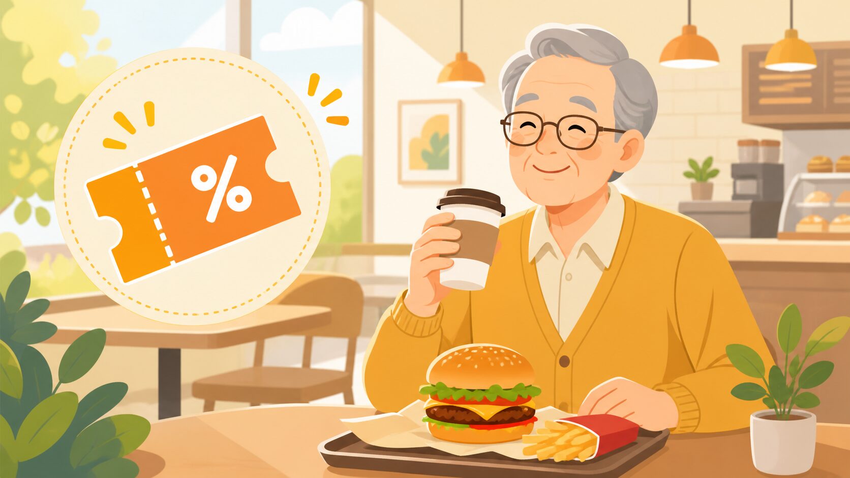 ファストフード・カフェでお得に利用するシニアのイラスト