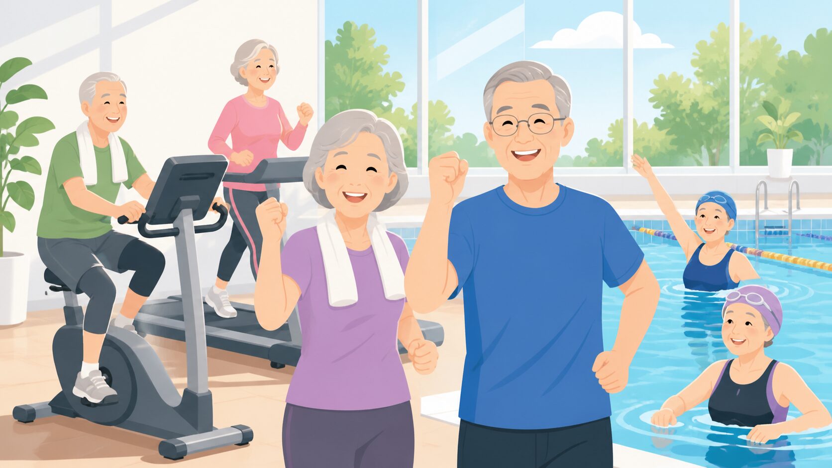フィットネスクラブで運動するシニアのイラスト