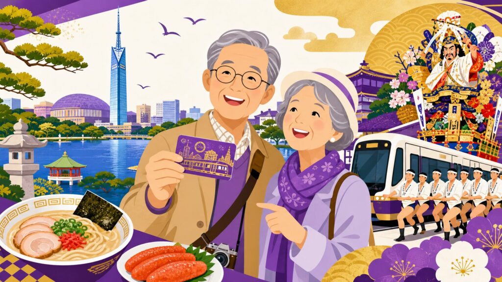 福岡市内でシニア割引を楽しむシニア夫婦のイラスト