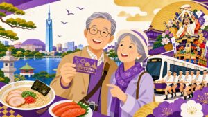 福岡市内でシニア割引を楽しむシニア夫婦のイラスト