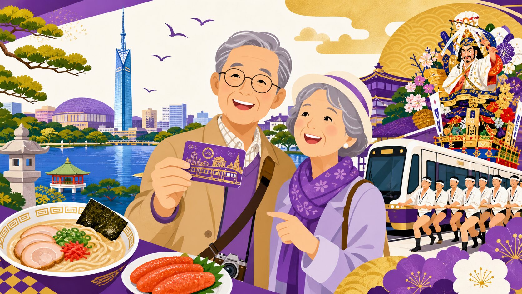 福岡市内でシニア割引を楽しむシニア夫婦のイラスト