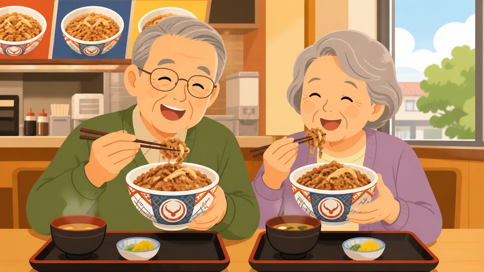 牛丼・定食チェーンでお得に食事をするシニアのイラスト