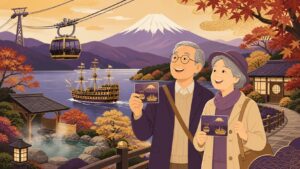 箱根旅行でシニア割引を活用するシニア夫婦のイラスト