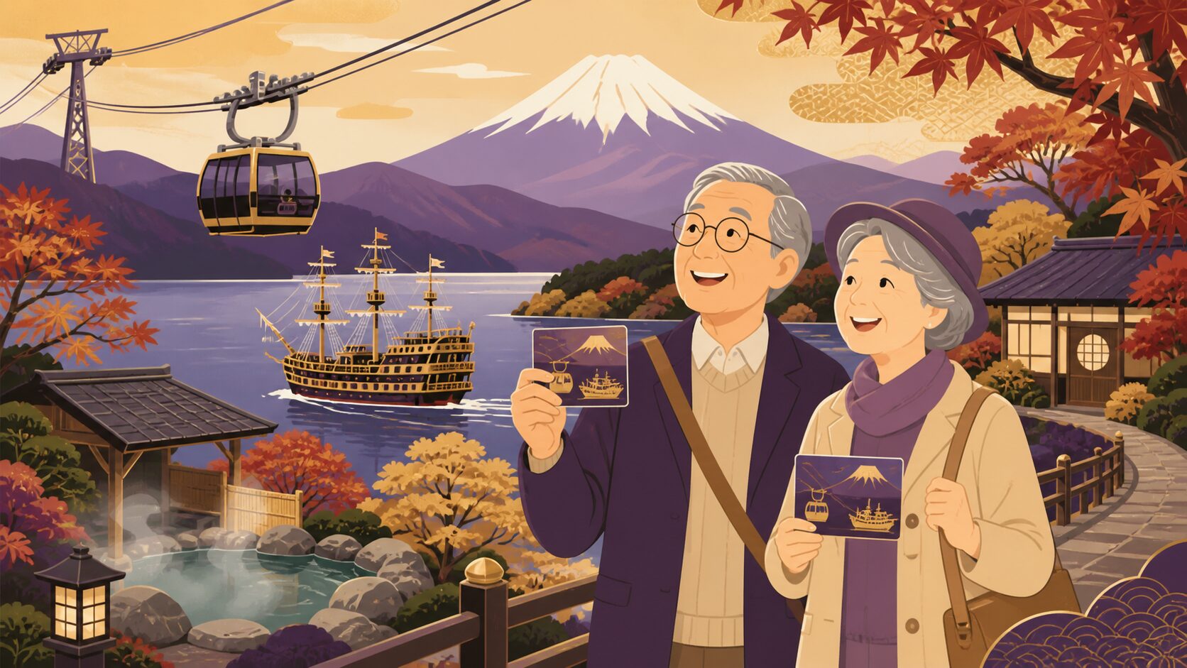 箱根旅行でシニア割引を活用するシニア夫婦のイラスト