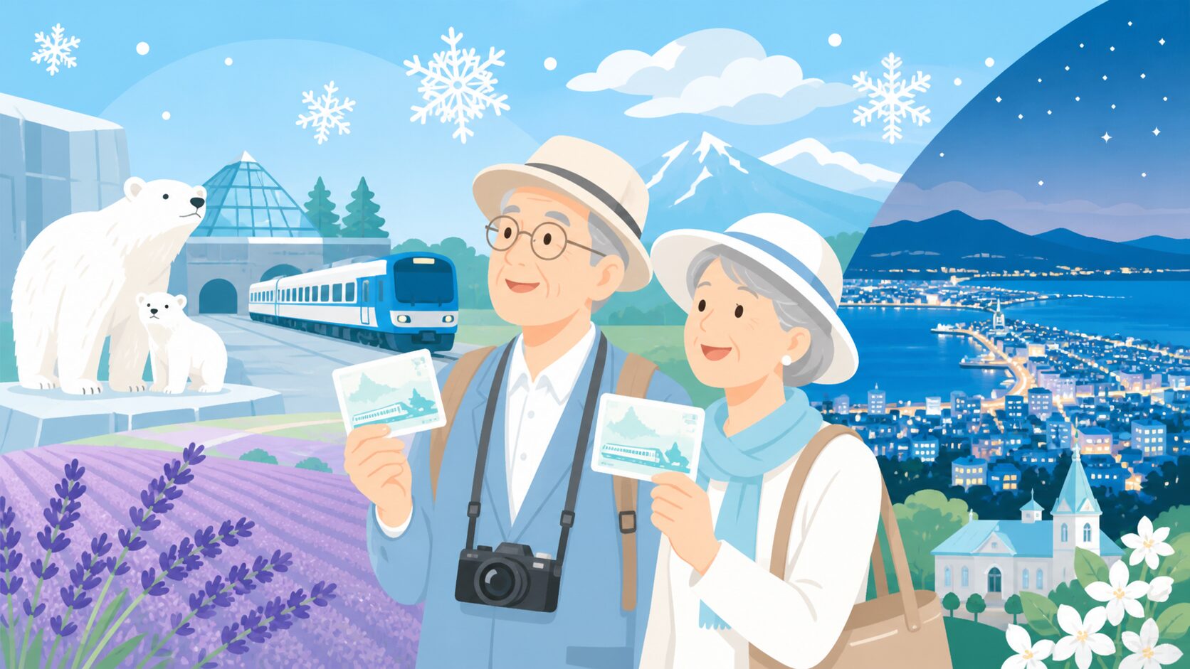 北海道旅行でシニア割引を活用するシニア夫婦のイラスト