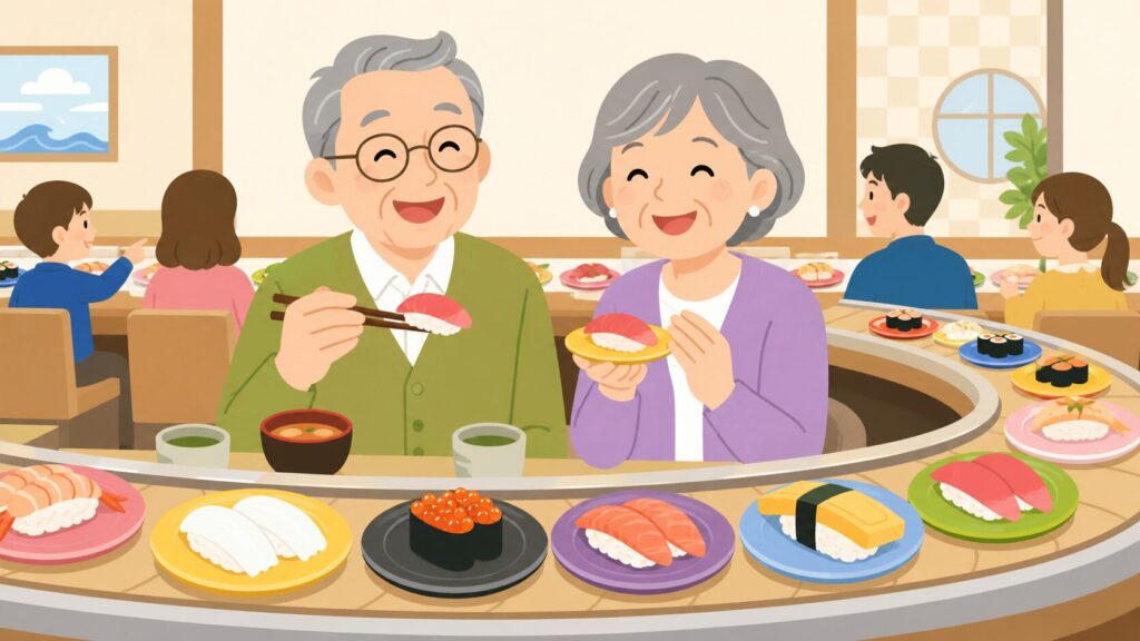 回転寿司でシニアカードを使う高齢者のイラスト