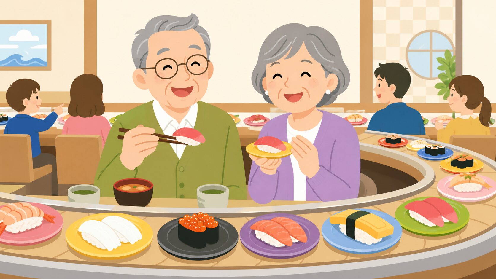 回転寿司でシニアカードを使う高齢者のイラスト