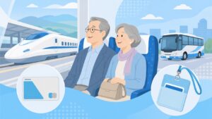 交通機関のシニア割引を使う高齢者のイラスト