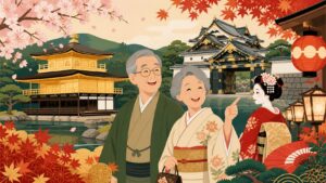 金閣寺と二条城でシニア割引を楽しむシニア夫婦のイラスト