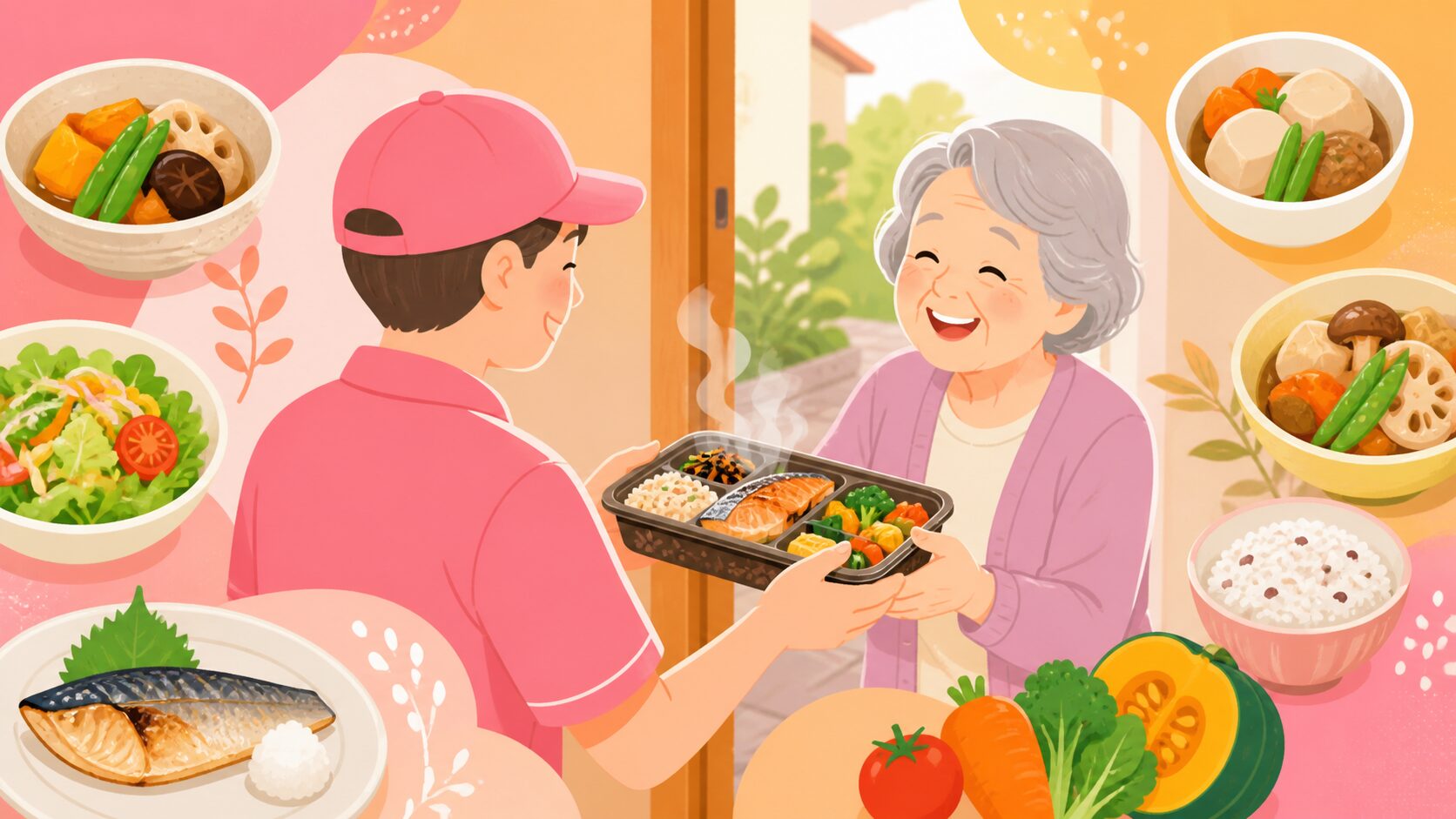 食事宅配を受け取るシニアのイラスト