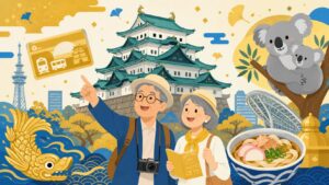 名古屋城と東山動植物園でシニア割引を楽しむシニア夫婦のイラスト