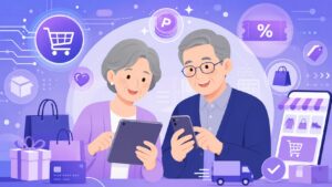 タブレットで通販を楽しむシニア夫婦のイラスト