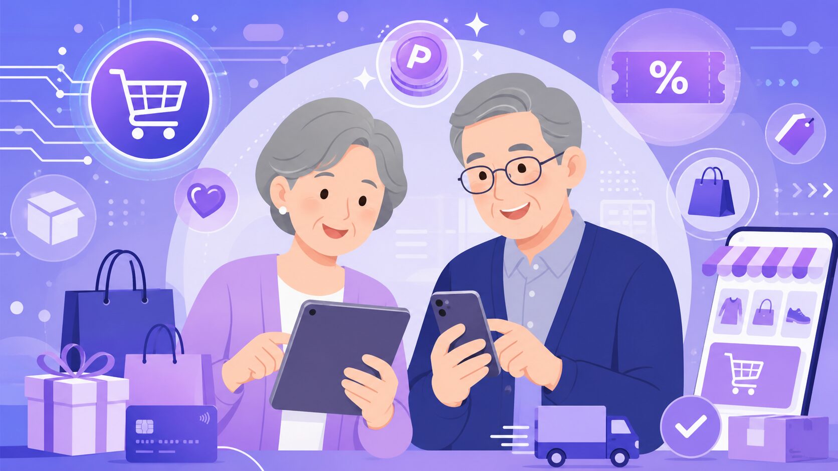 タブレットで通販を楽しむシニア夫婦のイラスト