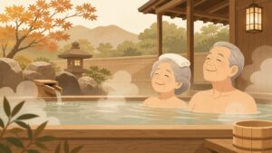 温泉・銭湯を楽しむシニアのイラスト