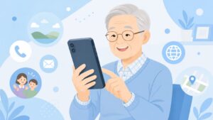 スマートフォンを使うシニアとシニア向けプランのイラスト