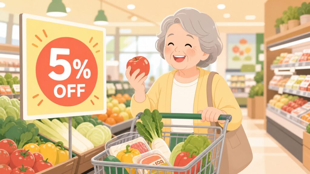 スーパーでシニア割引デーに買い物をする高齢者のイラスト