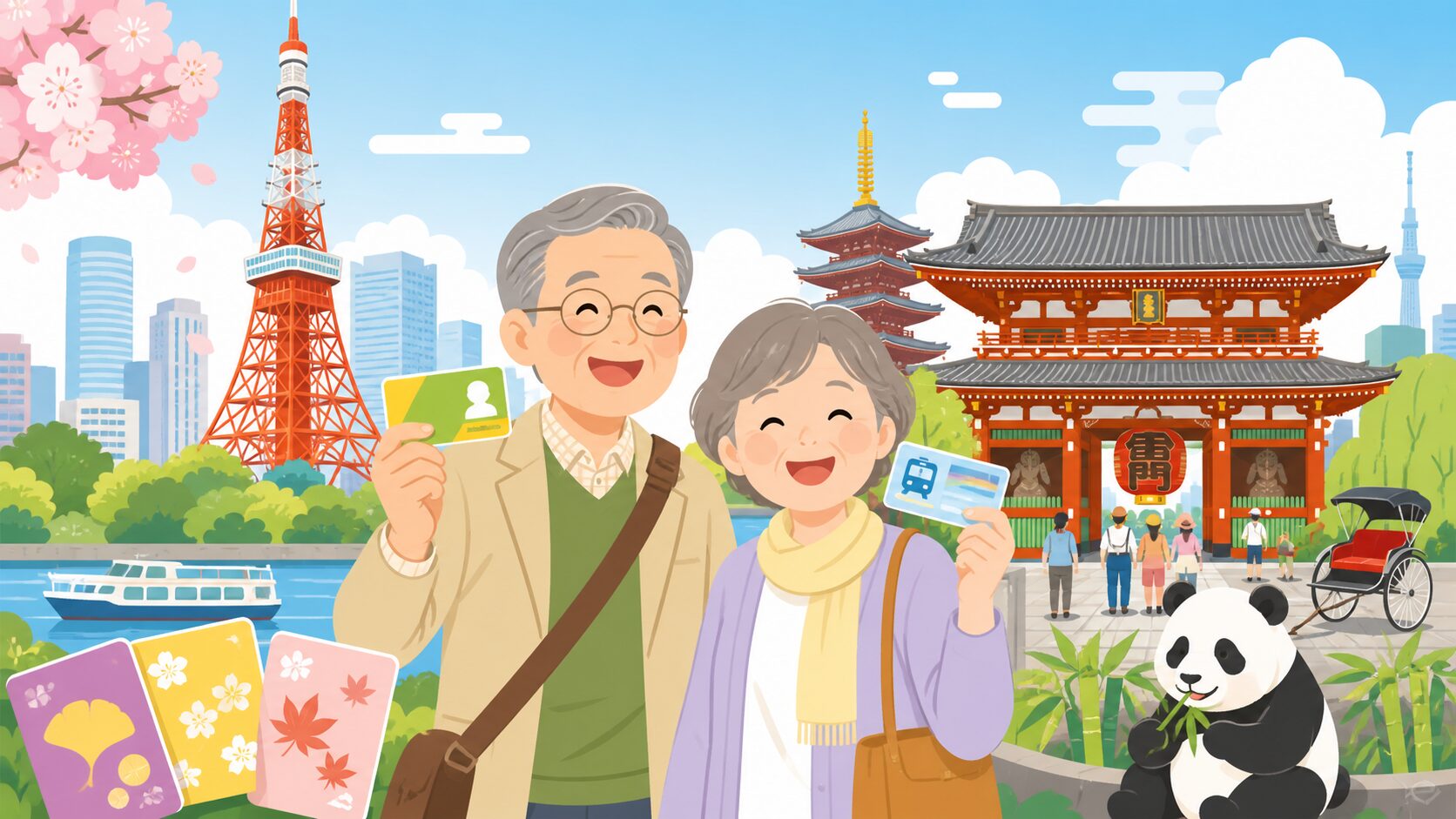 東京でシニア割引を活用するシニア夫婦のイラスト