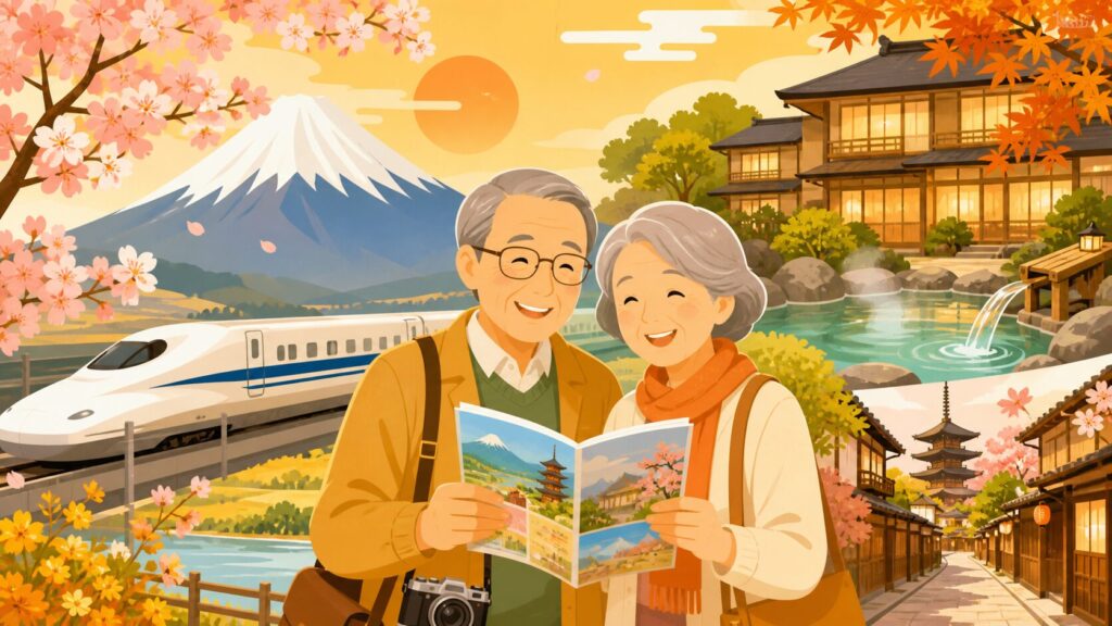 シニア旅行でお得なプランを活用するシニア夫婦のイラスト