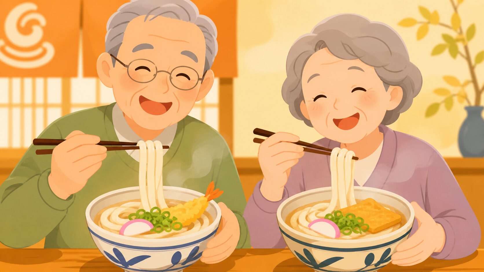 うどんチェーンでお得に食べるシニアのイラスト