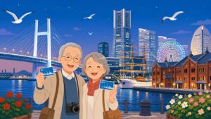 横浜みなとみらいでシニア割引を楽しむシニア夫婦のイラスト