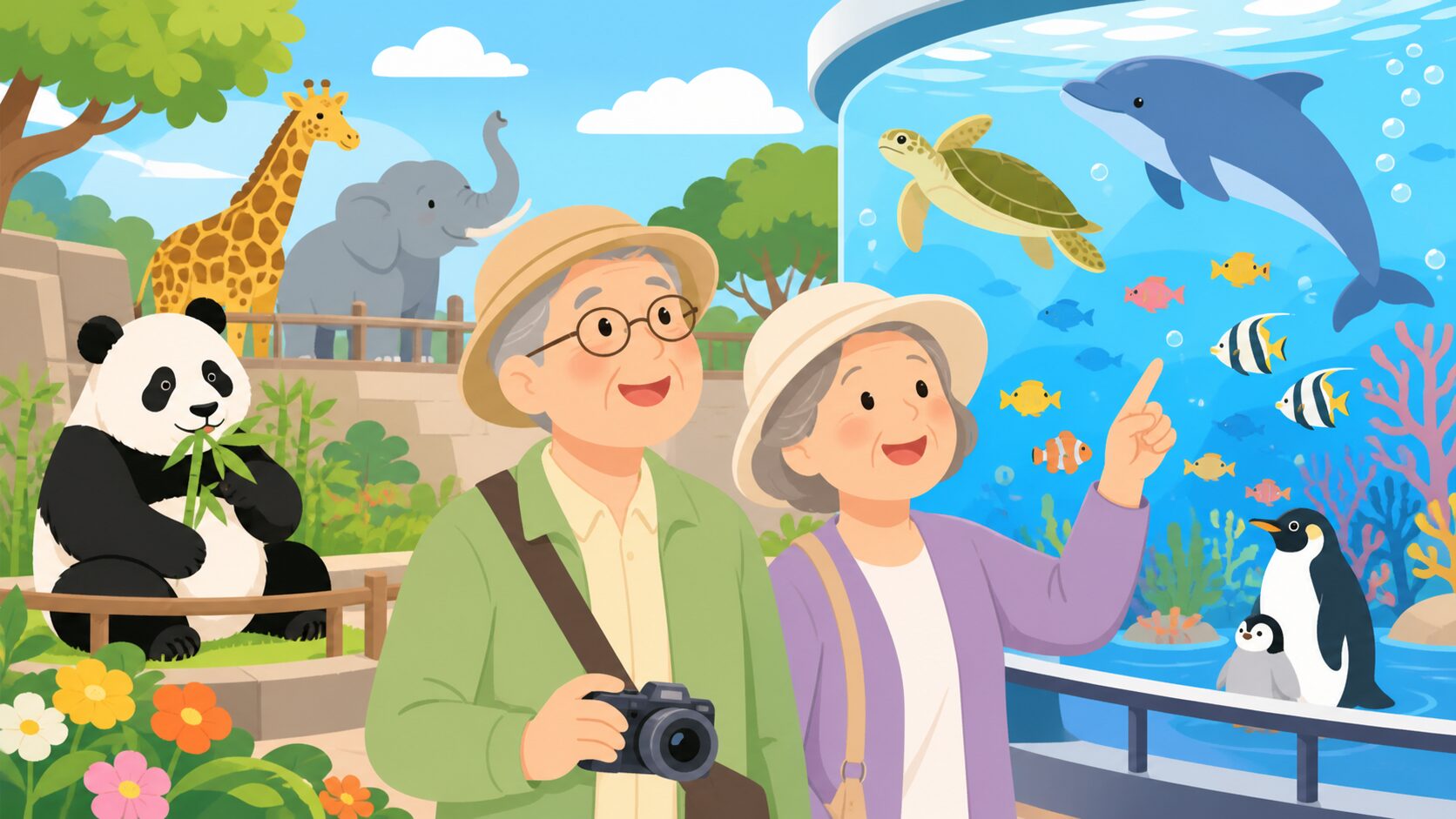 動物園・水族館でシニア割引を使う高齢者のイラスト